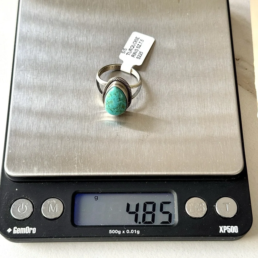 Navajo Turquoise Ring Sz 7.5 Signed Skeets Sterling‎ Native American Handmade